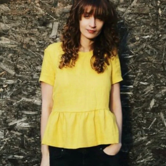 OFFON Linen Peplum Blouse in Yellow, L - Picture 11 of 14